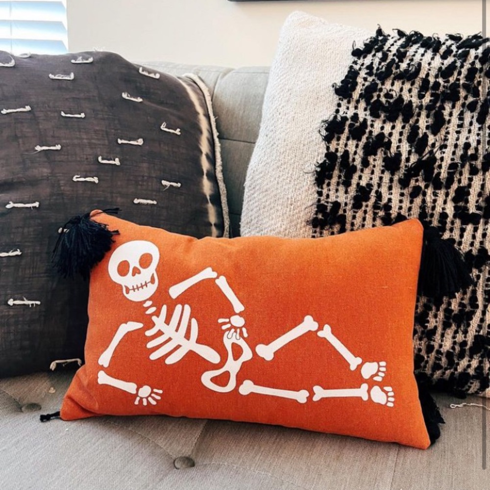 Halloween Skeleton Rectangle Throw Pillow Orange